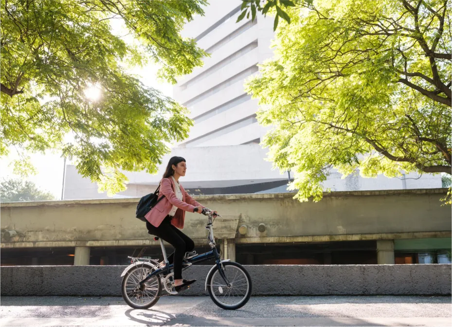 Woman commuting by bicycle in city surrounded by green trees and sunlight