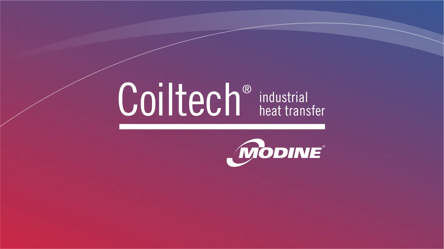 Coiltech Modine industrial heat transfer brand logo on a gradient red-blue background
