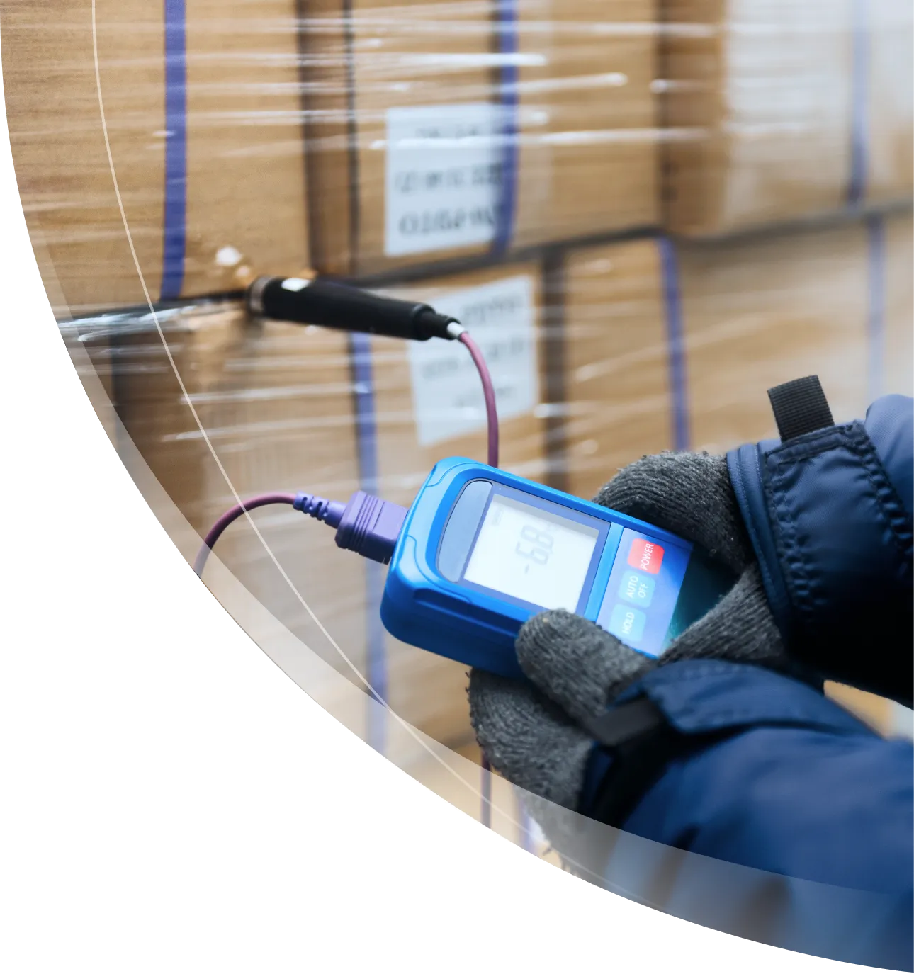 Worker measuring temperature of refrigerated pallet with digital thermometer during cold chain control
